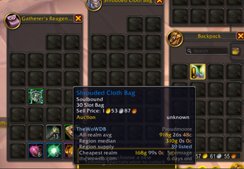 A Shrouded Cloth Bag tooltip in the backpack, with TheWoWDB lines added below the auction section: all-realm average, region median, region supply and the cheapest realm.