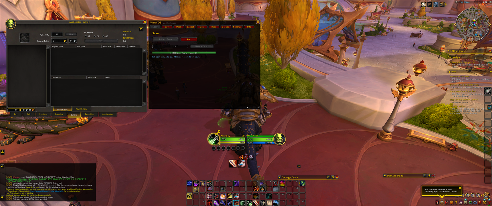 An ultrawide World of Warcraft auction house screenshot: Auctionator's selling frame on the left, the TheWoWDB Companion dock anchored to its right with the Scan tab open and a finished scan.