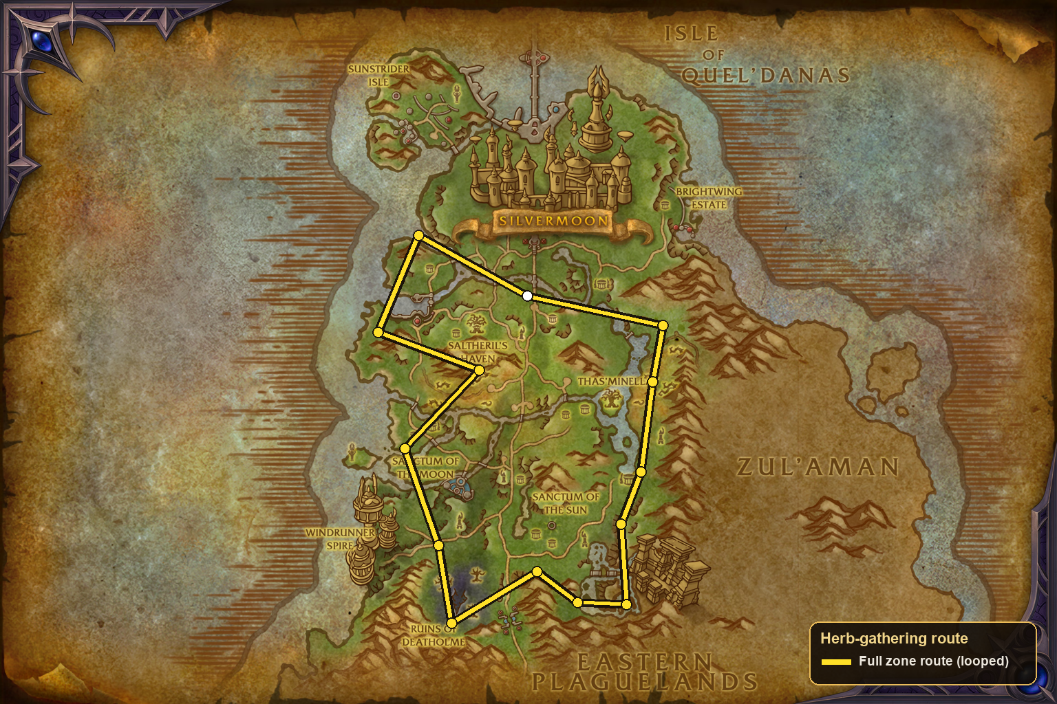 Eversong Woods herb-gathering route map: a looped full zone route (yellow) winding through the central and southern farmland past Fairbreeze, Goldenmist, Tranquillien and Suncrown villages.