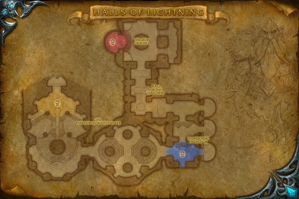 Halls of Lightning map with 3 boss locations