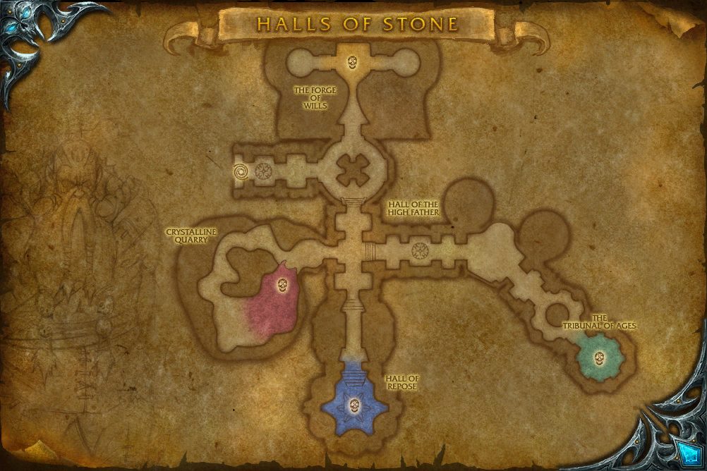 Halls of Stone map with 4 boss locations