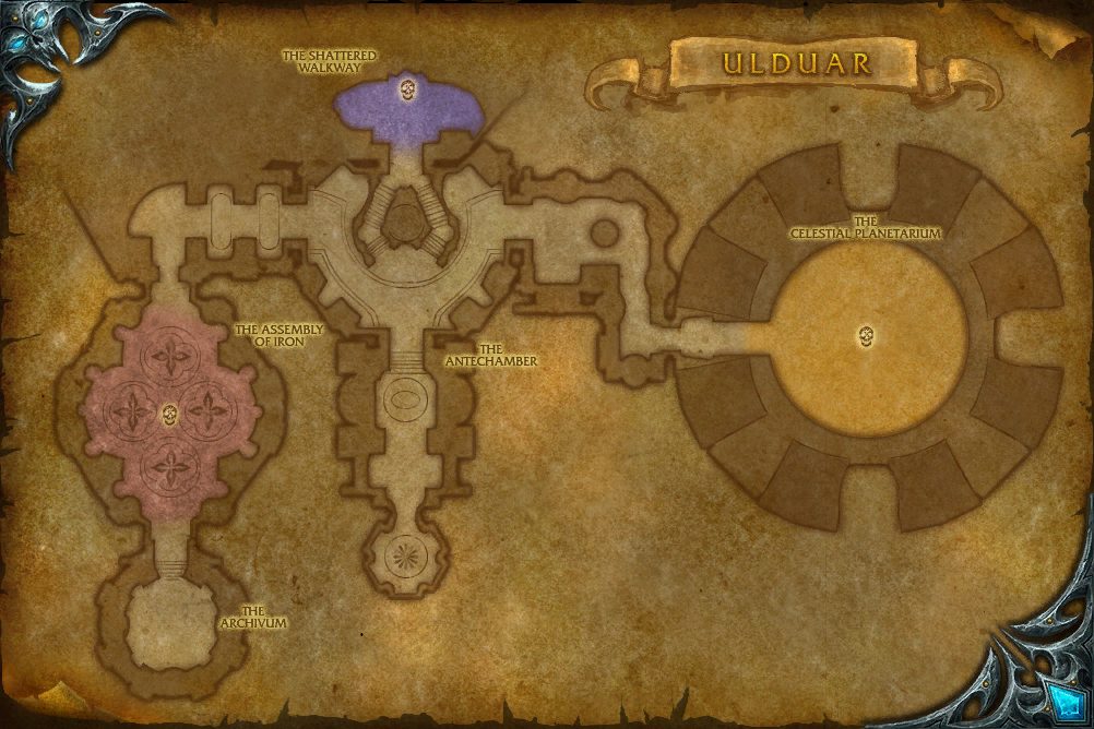 Ulduar map with 3 boss locations