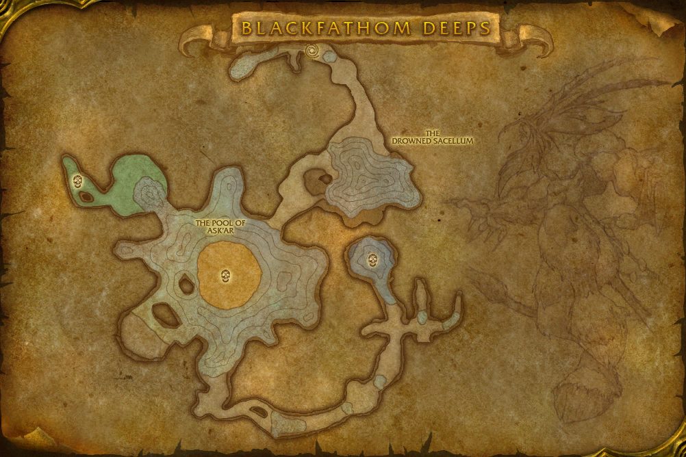 Blackfathom Deeps map with 3 boss locations