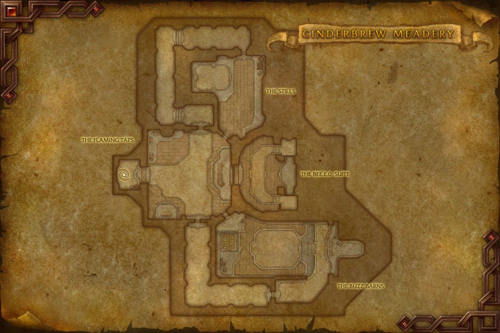 Cinderbrew Meadery map with 4 boss locations