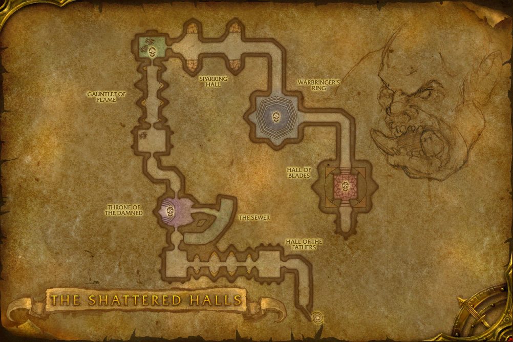 The Shattered Halls map with 4 boss locations