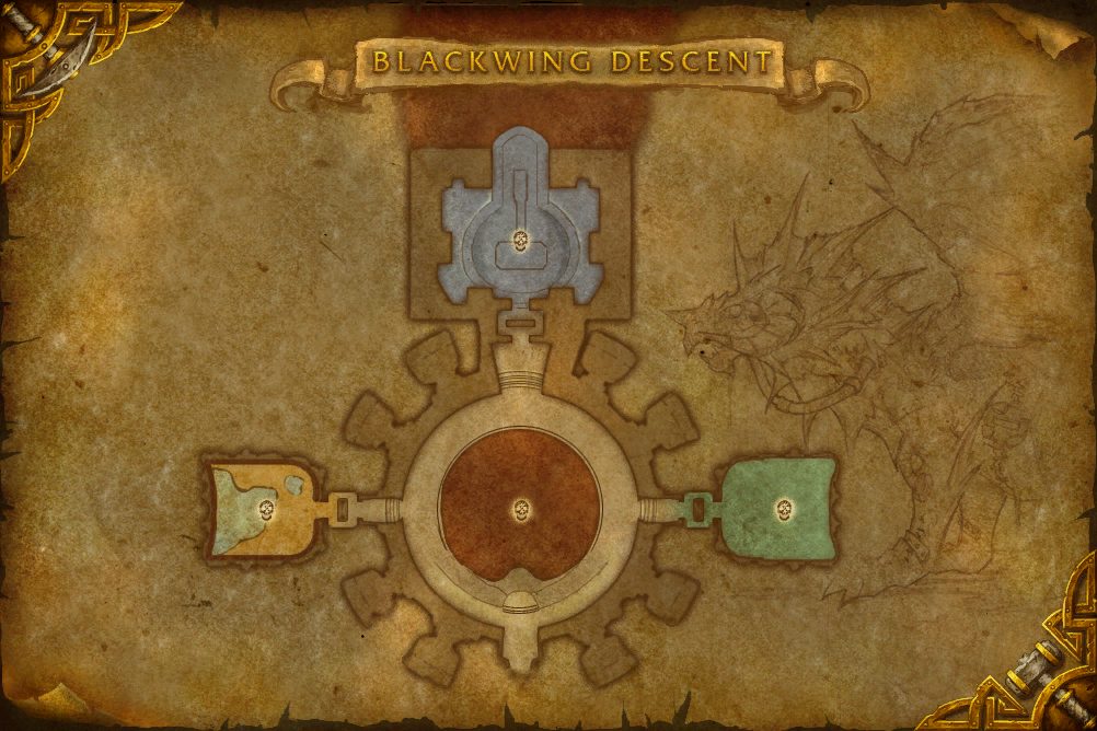 Blackwing Descent map with 4 boss locations