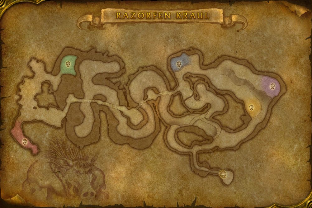 Razorfen Kraul map with 5 boss locations