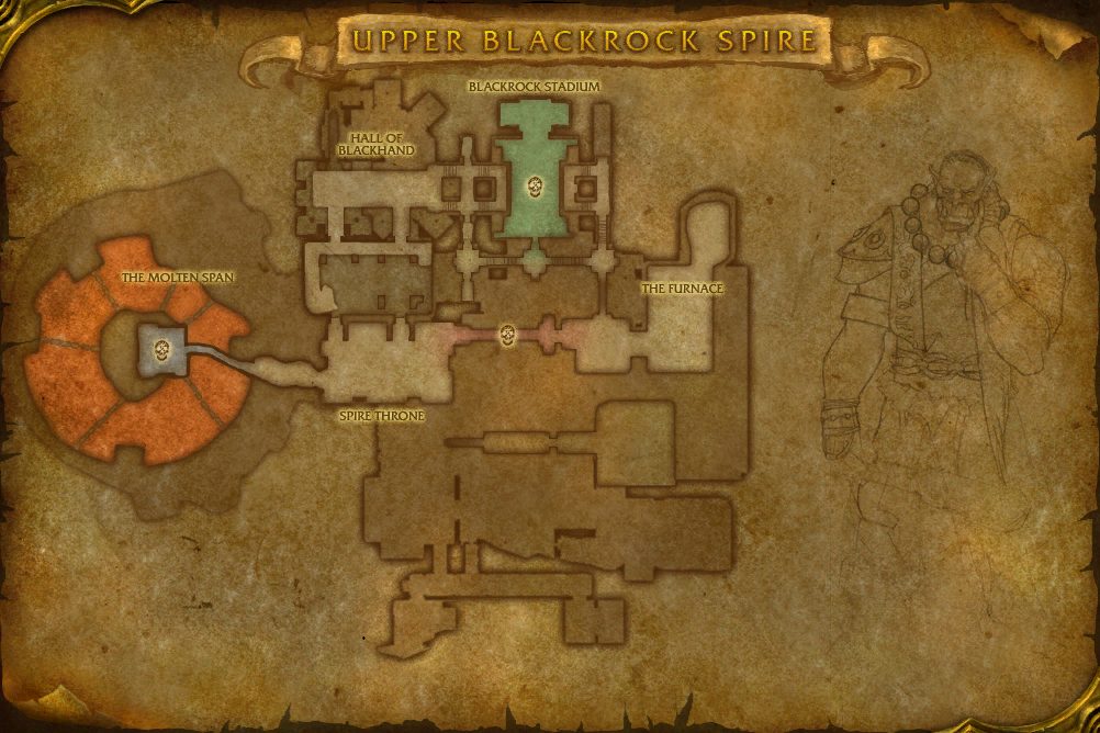 Upper Blackrock Spire map with 3 boss locations