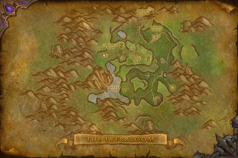 The Everbloom map with 4 boss locations