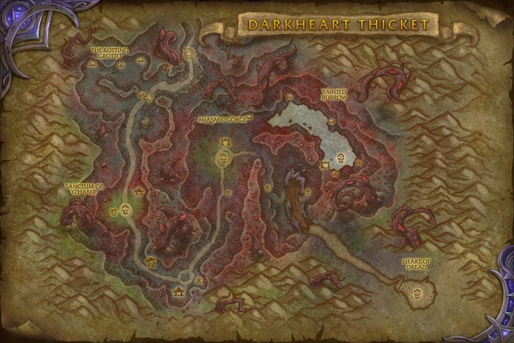 Darkheart Thicket map with 4 boss locations